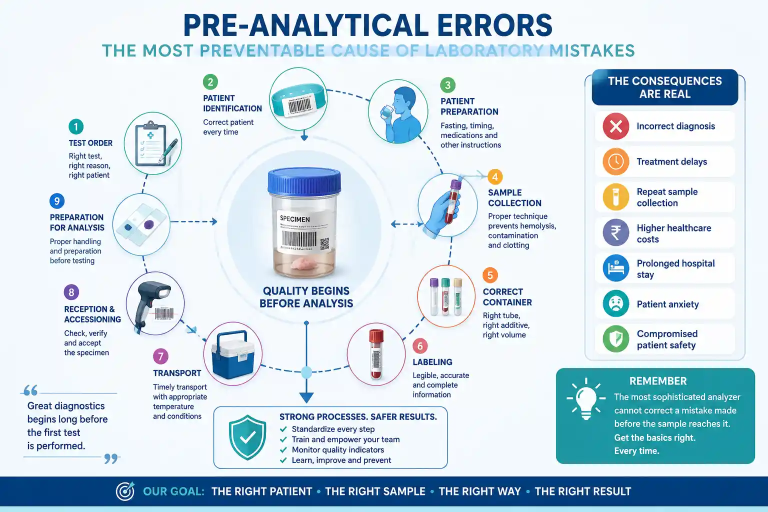 Pre-analytical errors infographic — the 9 steps where quality is built before a specimen reaches the analyser
